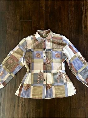 Allison Daley Plaid Leaf Button-Front Shirt Jacket - Blue, Tan, Cream